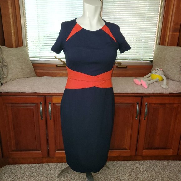 Nue by Shani Navy/Orange Ponte Color-Block Sheath Dress 4 - Picture 4 of 8
